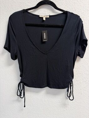NWT Express Black V-Neck Side Drawstring Crop Top L